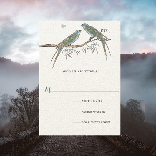アクアさくらんぼブロッサムヴィンテージバードウェディング 出欠カード