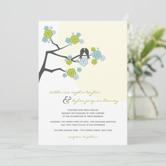 アクアさくらんぼ花恋の鳥の結婚式の招待 招待状 (スタンド正面)