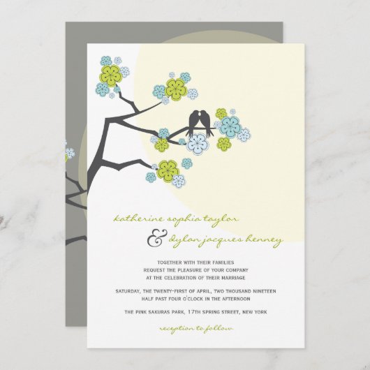 アクアさくらんぼ花恋の鳥の結婚式の招待 招待状 (正面/裏面)