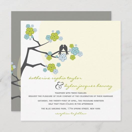 アクアさくらんぼ花恋の鳥の結婚式の招待 招待状 (正面/裏面)