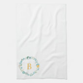 アクアとイエローモノグラムのフローラリース キッチンタオル (縦)