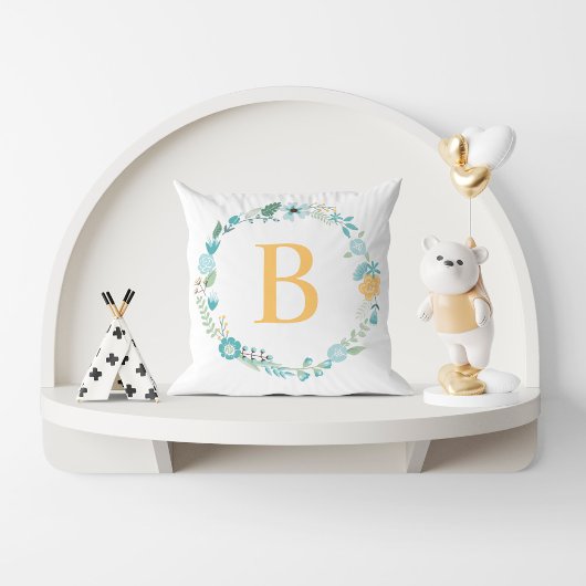 アクアとイエローモノグラムのフローラリース クッション