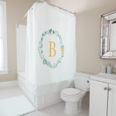 アクアとイエローモノグラムのフローラリース シャワーカーテン (インサイチュ)