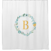 アクアとイエローモノグラムのフローラリース シャワーカーテン (正面)