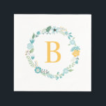 アクアとイエローモノグラムのフローラリース スタンダードカクテルナプキン<br><div class="desc">甘いエレガントフローラモノグラムのリース</div>