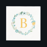 アクアとイエローモノグラムのフローラリース スタンダードカクテルナプキン<br><div class="desc">甘いエレガントフローラモノグラムのリース</div>