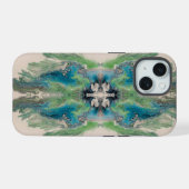 アクアとグリーンの芸術的な流体抽象 iPhone 15ケース (裏面横)
