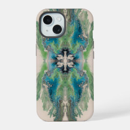 アクアとグリーンの芸術的な流体抽象 iPhone 15ケース