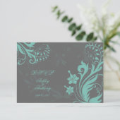 アクアとグレーのヴィンテージフローラ結婚の返信カード 出欠カード (スタンド正面)