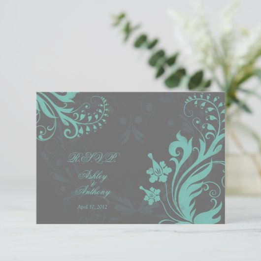 アクアとグレーのヴィンテージフローラ結婚の返信カード 出欠カード (スタンド正面)