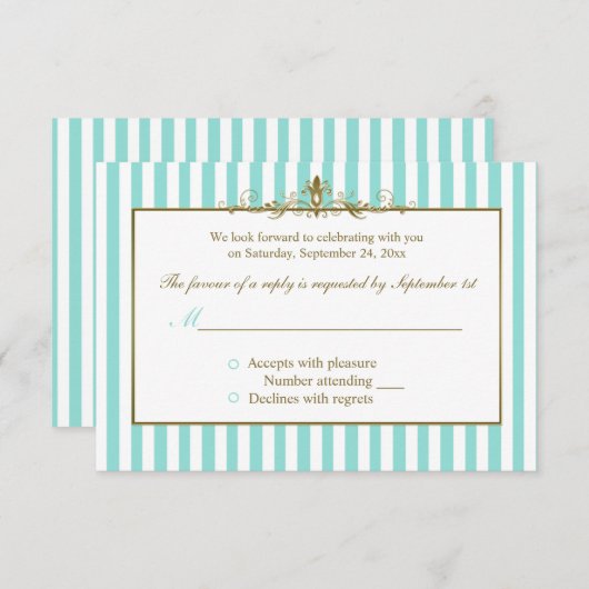 アクアとゴールドのスクロールが付いたホワイトストライプのRSVPカード 出欠カード (正面/裏面)