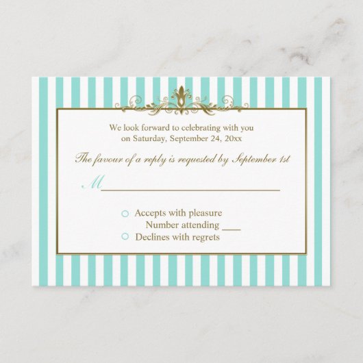 アクアとゴールドのスクロールが付いた白のストライプのRSVPカード 出欠カード (正面)