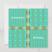 アクアとゴールドのパッチワークの誕生日招待状 招待状 (裏面)