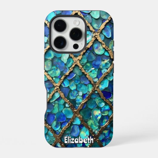 アクアとゴールドの格子テクスチャー iPhoneケース (裏面)