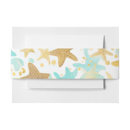 アクアとゴールドの水彩ビーチのイタゴカイ（星型の貝殻） 招待状ベリーバンド (正面例)