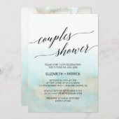 アクアとゴールドの水彩ビーチ カップルシャワー 招待状 (正面/裏面)