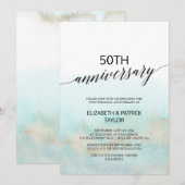 アクアとゴールドの水彩画ビーチウェディングアニバーサリー 招待状 (正面/裏面)