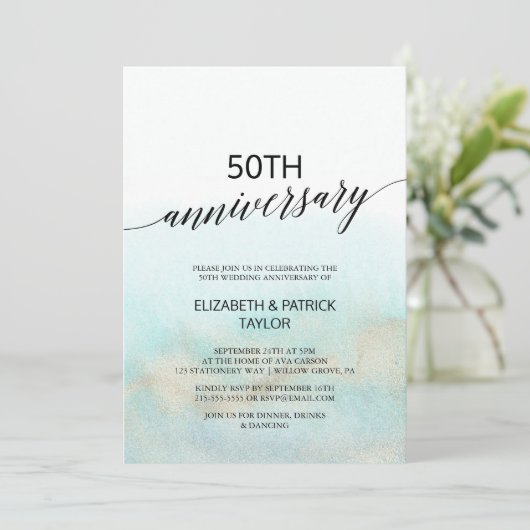 アクアとゴールドの水彩画 ビーチ ウェディング アニバーサリー 招待状 (スタンド正面)