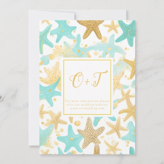 アクアとゴールドの水彩 ビーチのスターフィッシュ ウェディング セーブザデート (裏面)