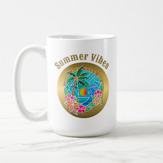 アクアとゴールドの海洋ヤシの木の夏の風景 コーヒーマグカップ (左)