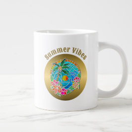 アクアとゴールドの海洋ヤシの木の夏の風景 ジャンボコーヒーマグカップ