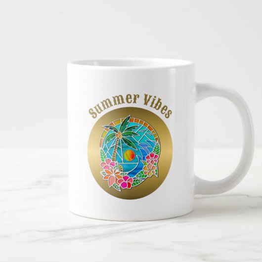 アクアとゴールドの海洋ヤシの木の夏の風景 ジャンボコーヒーマグカップ (右)