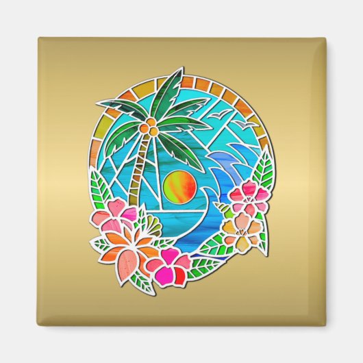 アクアとゴールドの海洋ヤシの木の夏の風景 マグネット (正面)