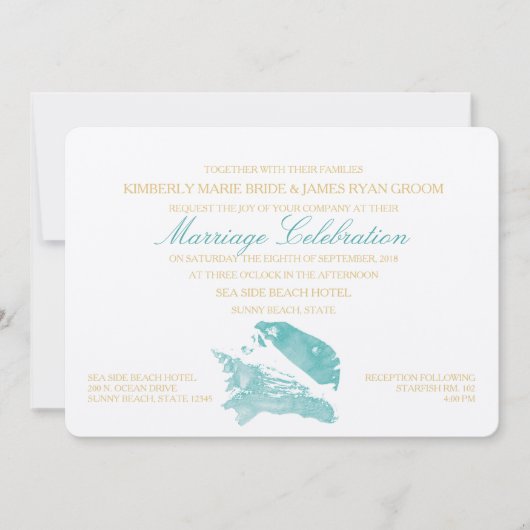 アクアとゴールドの貝殻ビーチウェディング 招待状 (正面)
