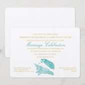 アクアとゴールドの貝殻ビーチウェディング 招待状 (正面/裏面)