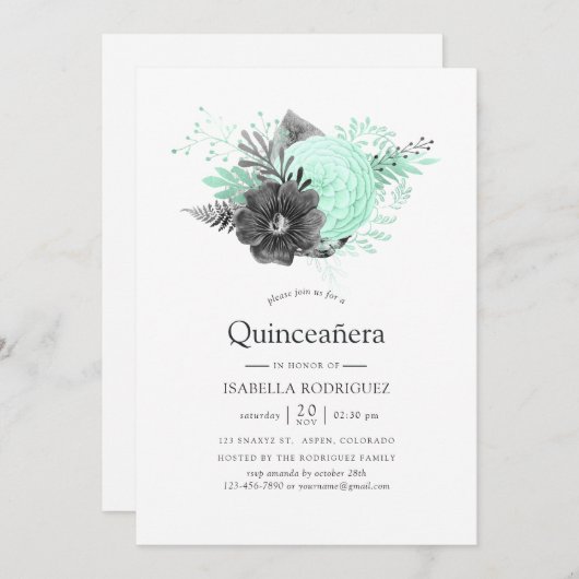 アクアとチャコールのフラワールスティック キンセアニエラ 招待状 (正面/裏面)