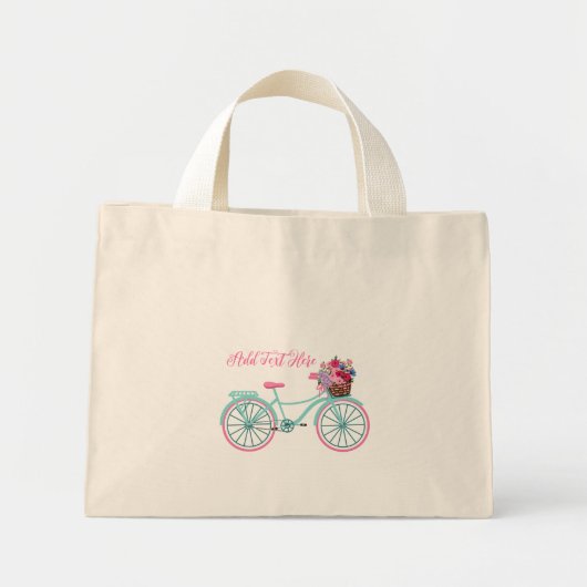 アクアとピンクのヴィンテージバイク(花カスタマイズ付) ミニトートバッグ (正面)
