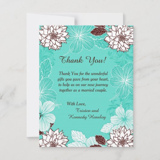 アクアとブラウンフラワーズ4x5フラットサンキューカード サンキューカード (正面)