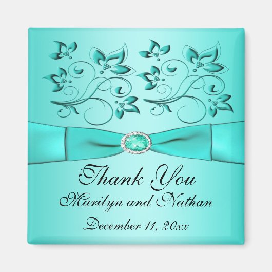 アクアとブラックのフラワーリング ウェディング フェイバーマグネット マグネット (正面)