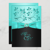 アクアとブラックの花モノグラム招待状II 招待状 (正面/裏面)