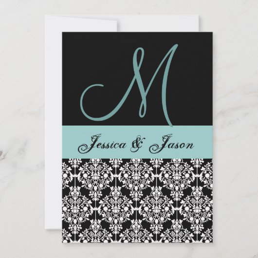 アクアとブラックダマスクの結婚式モノグラムテンプレート (正面)