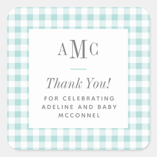 アクアとホワイトのギンガムチェックのモノグラム感謝メッセージ スクエアシール (正面)