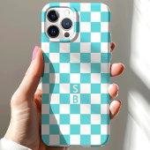 アクアとホワイトの市松模様 モノグラム入り Case-Mate iPhoneケース