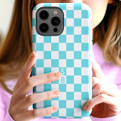 アクアとホワイトの市松模様 モノグラム入り Case-Mate iPhoneケース