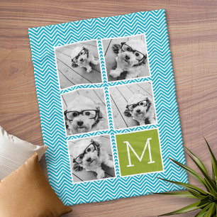 アクアとライムインスタグラム5フォトコラージモノグラム フリースブランケット