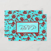 アクアとレッドの花柄返信カード 招待状 (正面/裏面)