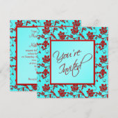 アクアとレッドの花柄「ご招待です」招待状 招待状 (正面/裏面)