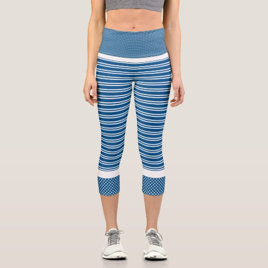 アクアと白ストライプのハイウェストCapris カプリレギンス (正面)