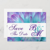 アクアと紫色の花の花びら保存日付V2 案内ポストカード (正面/裏面)