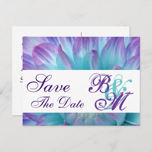 アクアと紫色の花の花びら保存日付V2 案内ポストカード (正面/裏面)