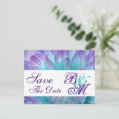 アクアと紫色の花の花びら保存日付V2 案内ポストカード (スタンド正面)