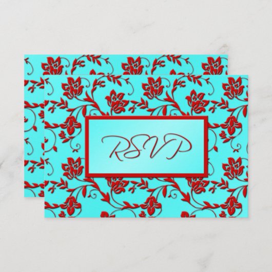 アクアと赤のフローラ返信カード 招待状 (正面/裏面)