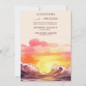 アクアと金ゴールドの水彩画のビーチ結婚式 招待状 (正面)