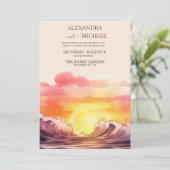 アクアと金ゴールドの水彩画のビーチ結婚式 招待状 (スタンド正面)