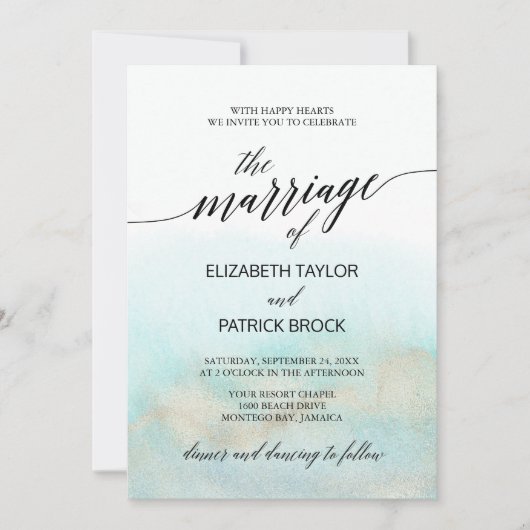 アクアと金ゴールドの水色のビーチすべて1つの結婚 招待状 (正面)