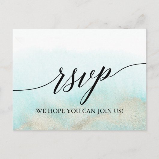 アクアと金ゴールドの水色のビーチ歌のリクエストRSVP インビテーションポストカード (正面)